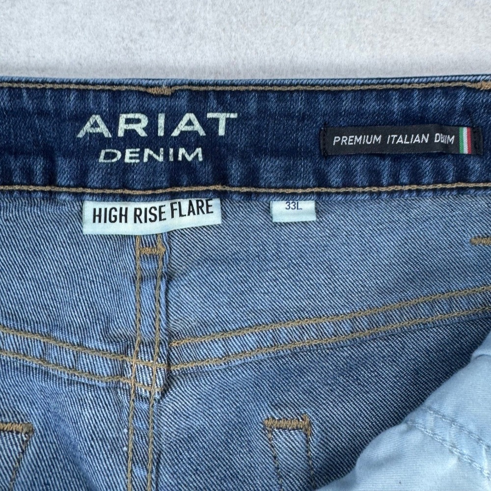 Ariat High Rise Flare Jeans‎ Premium Italian Denim Medium Wash Raw Hem 33L - Picture 3 of 16